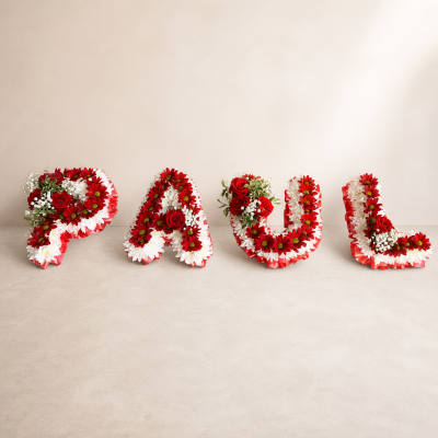 Personalised Red & White Letter Tribute | Slough - Personalised red and white funeral letter tribute, handcrafted by Four Seasons Florist in Slough. Contact us about lettering and delivery timing.