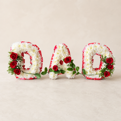 DAD Red & White Funeral Letter Tribute | Slough - Handcrafted DAD funeral letter tribute in red and white, created by Four Seasons Florist in Slough. Contact us about colours and delivery timing.