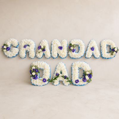 Blue & White Letter Tribute | Price Per Letter - Blue and white funeral letter tribute priced per letter, handcrafted by Four Seasons Florist in Slough. Contact us to confirm your chosen lettering.