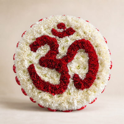 Red & White Om Funeral Tribute | Slough Florist - Handcrafted red and white Om funeral tribute for Hindu services and memorials, created with care by Four Seasons Florist in Slough.