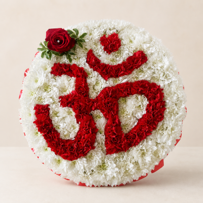 Om Funeral Tribute with Rose | Slough Florist - Handcrafted Om funeral tribute with a red rose for Hindu services and memorials, created with care by Four Seasons Florist in Slough.