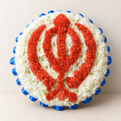 Khanda Funeral Tribute | Sikh Flowers in Slough - Handcrafted Khanda funeral tribute for Sikh services and memorials, created in white and orange by Four Seasons Florist in Slough.