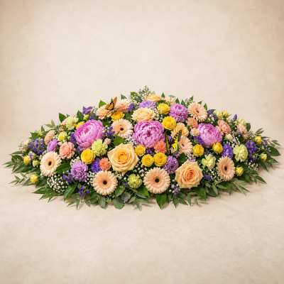 Butterfly Garden Coffin Spray | Slough Florist - Pastel butterfly garden coffin spray with peach, yellow, lilac and pink flowers, handcrafted by Four Seasons Florist in Slough.